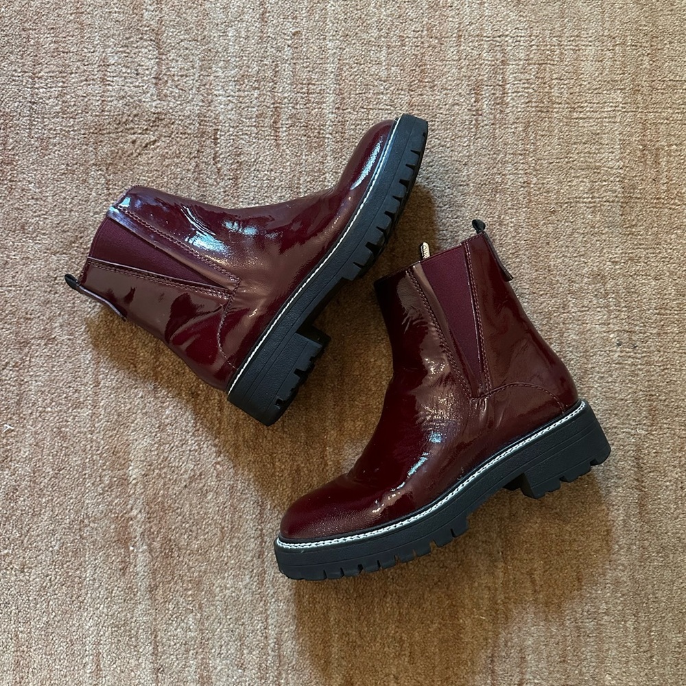 Franco Sarto Red Burgundy Patent Leather Chelsea Combat Boots Booties Size 8